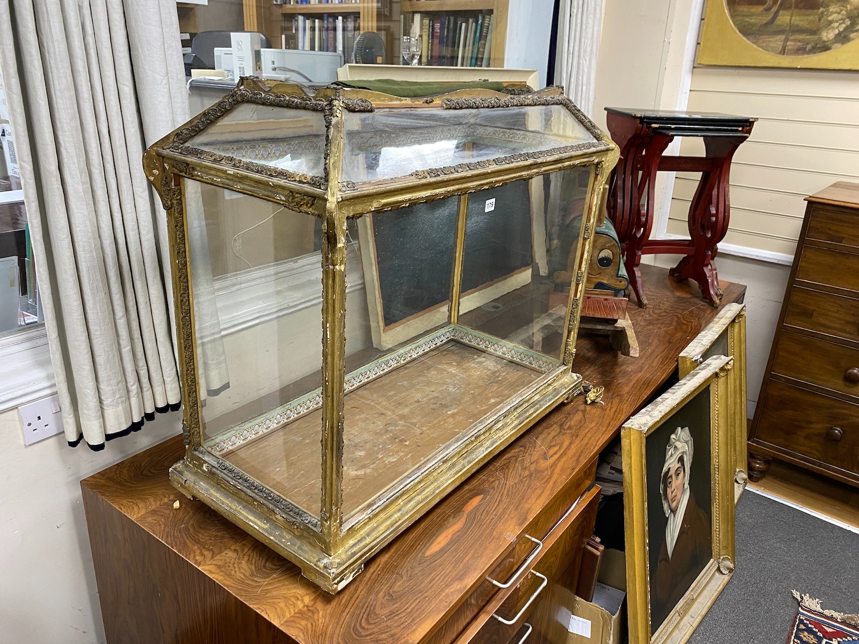 A Victorian giltwood and composition display case, width 97cm, depth 45cm, height 83cm